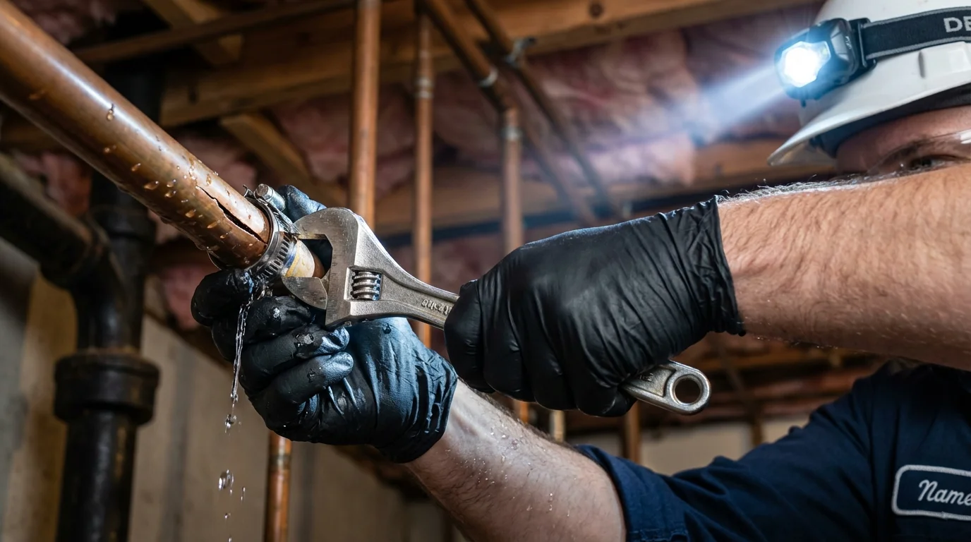Emergency pipe clamp repair being performed by a Johns Plumbing LLC plumber in Gypsum