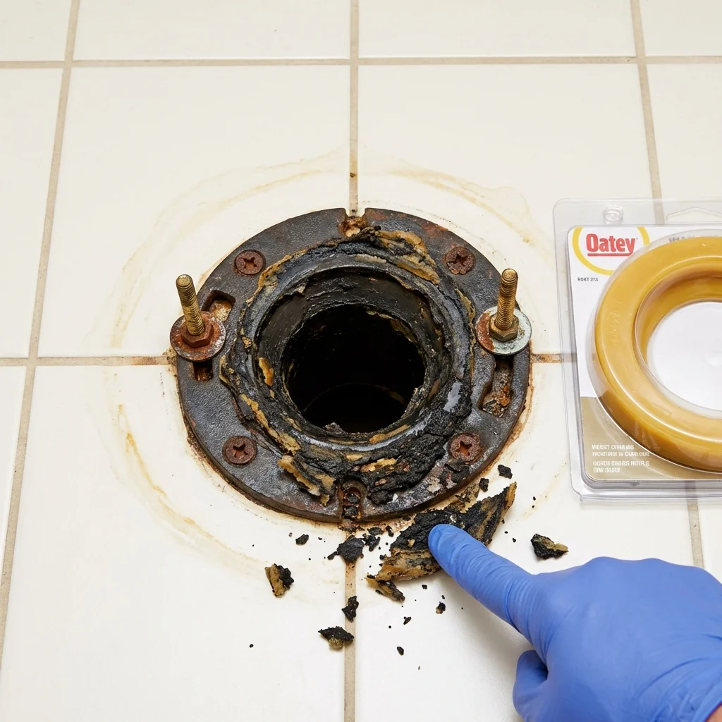 Failed wax ring showing water seepage at the base of a toilet in a Gypsum, CO home
